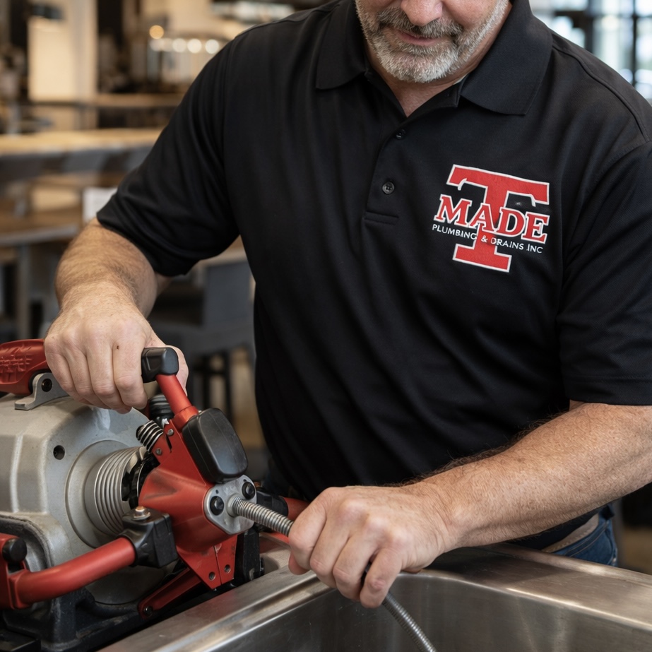 Plumber using pipe threading equipment